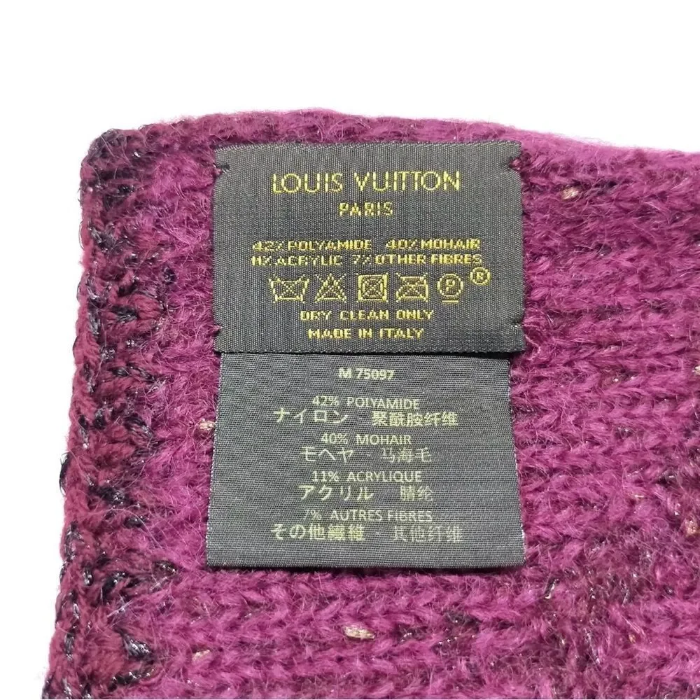 Auth Louis Vuitton Burgundy Mohair LV Monogram Sunset Stole Muffler Scarf Ex++